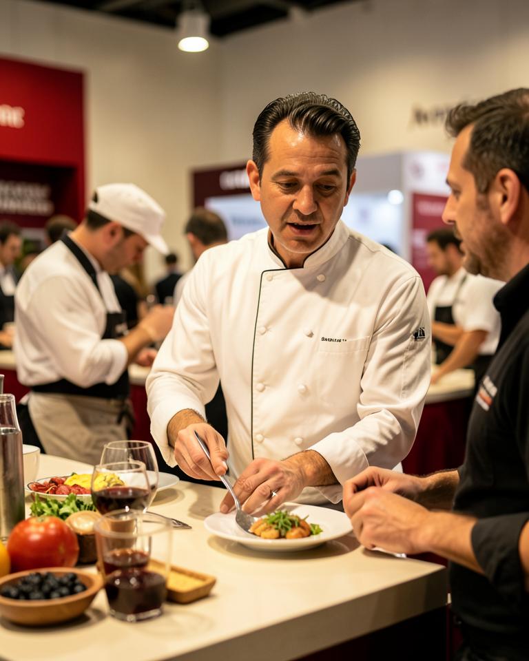 Uno chef presenta e valuta un piatto durante un incontro professionale