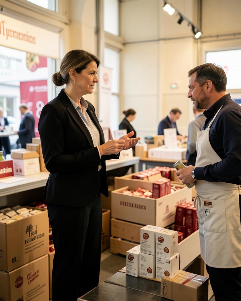 Una distributrice incontra un produttore tra i banchi espositivi