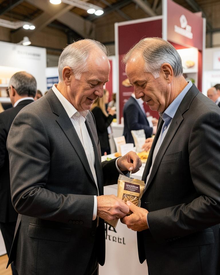 Professionisti importatori valutano un prodotto alimentare in fiera