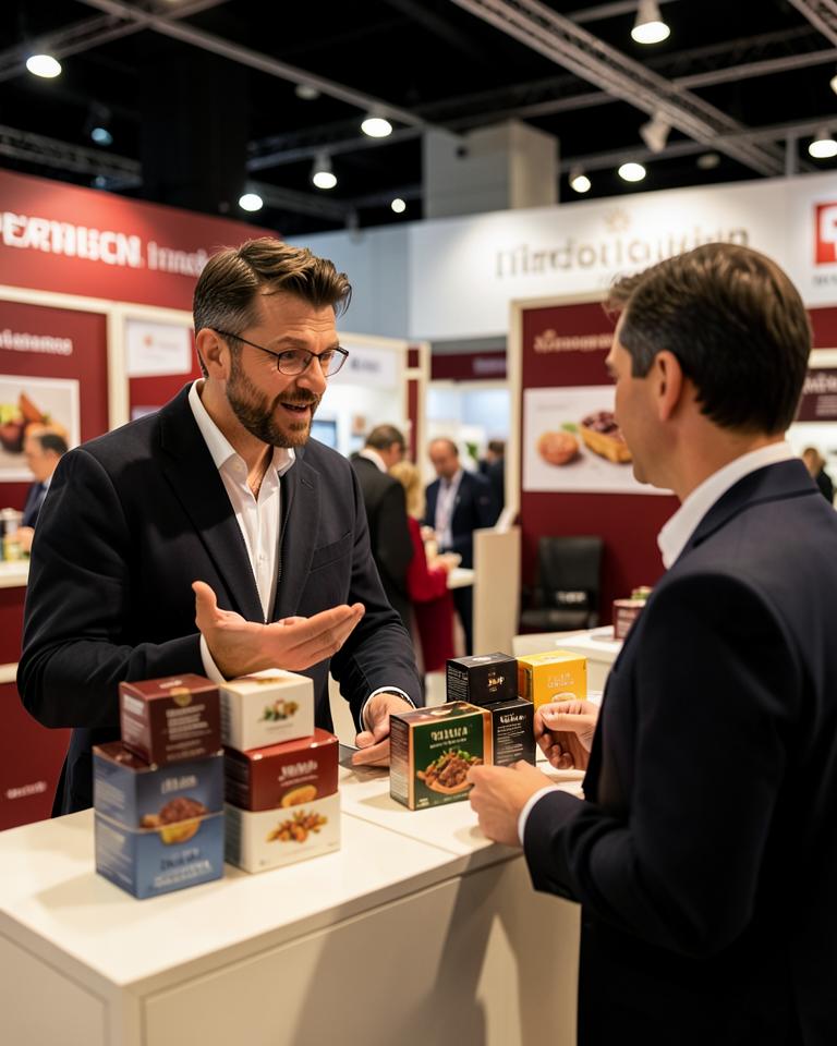 Un buyer retail confronta prodotti gastronomici in esposizione