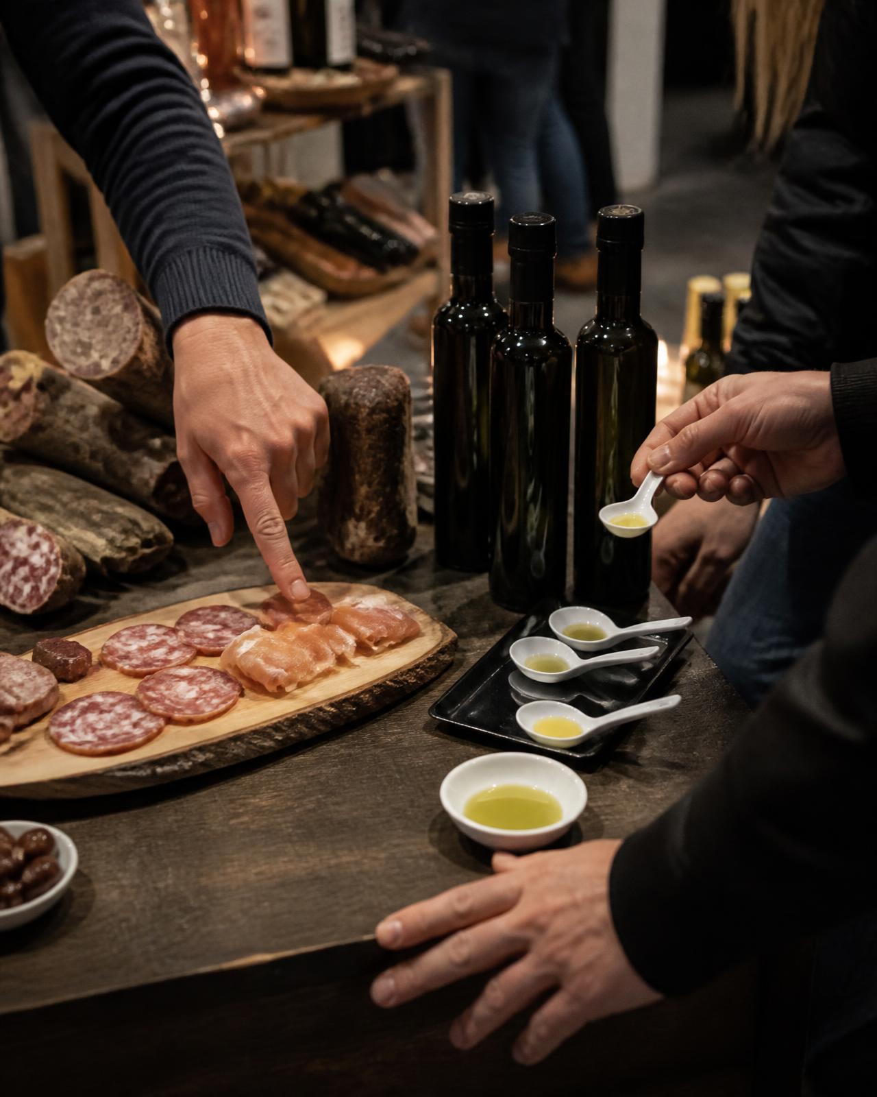 Mani che indicano salumi e oli in degustazione su un banco di una fiera