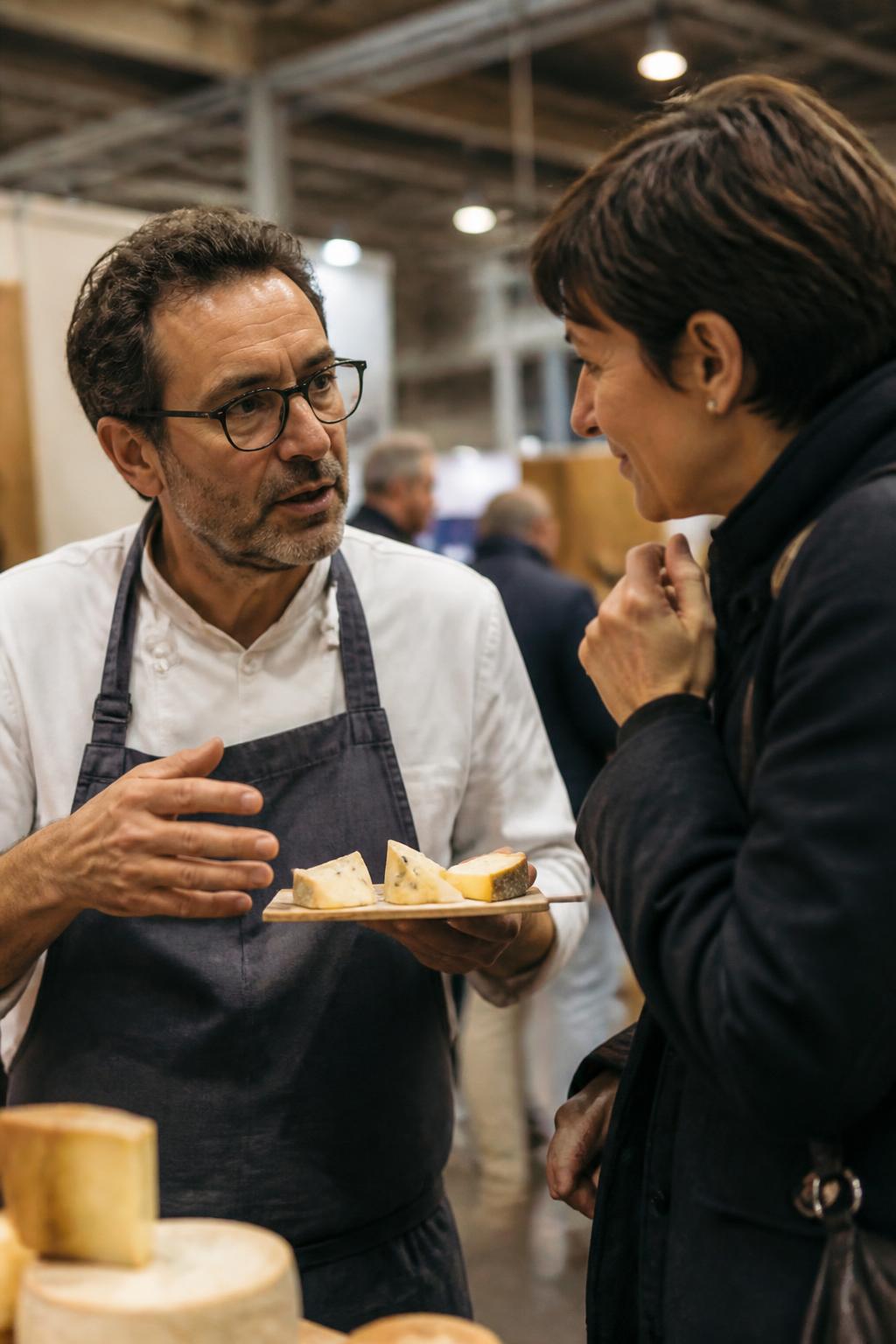 Un produttore presenta formaggi a una visitatrice durante una fiera del settore